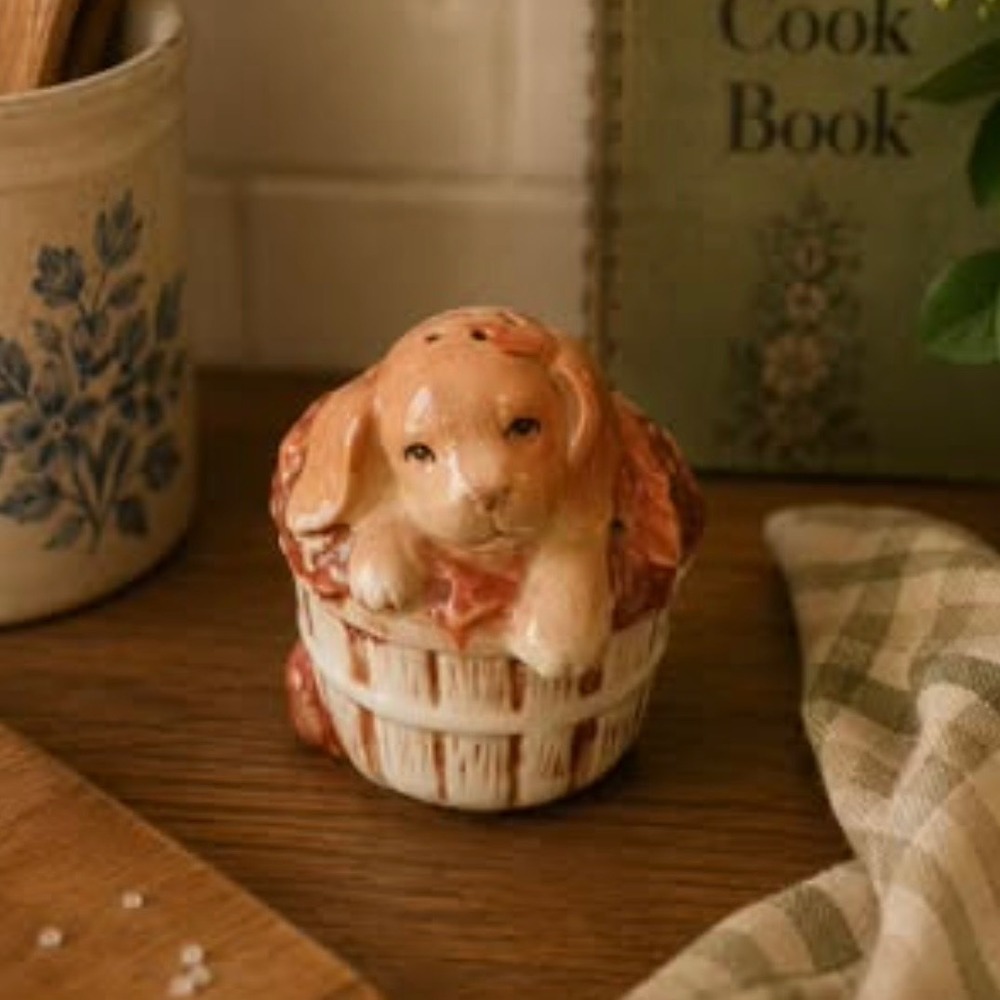 Vintage 1984 Avon Puppy in Basket Salt Shaker